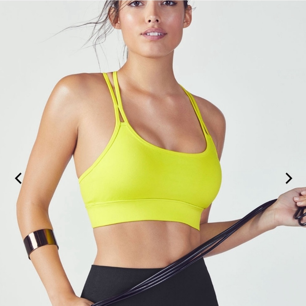 Fabletics Macey strappy sports bra, size M, neon leaf